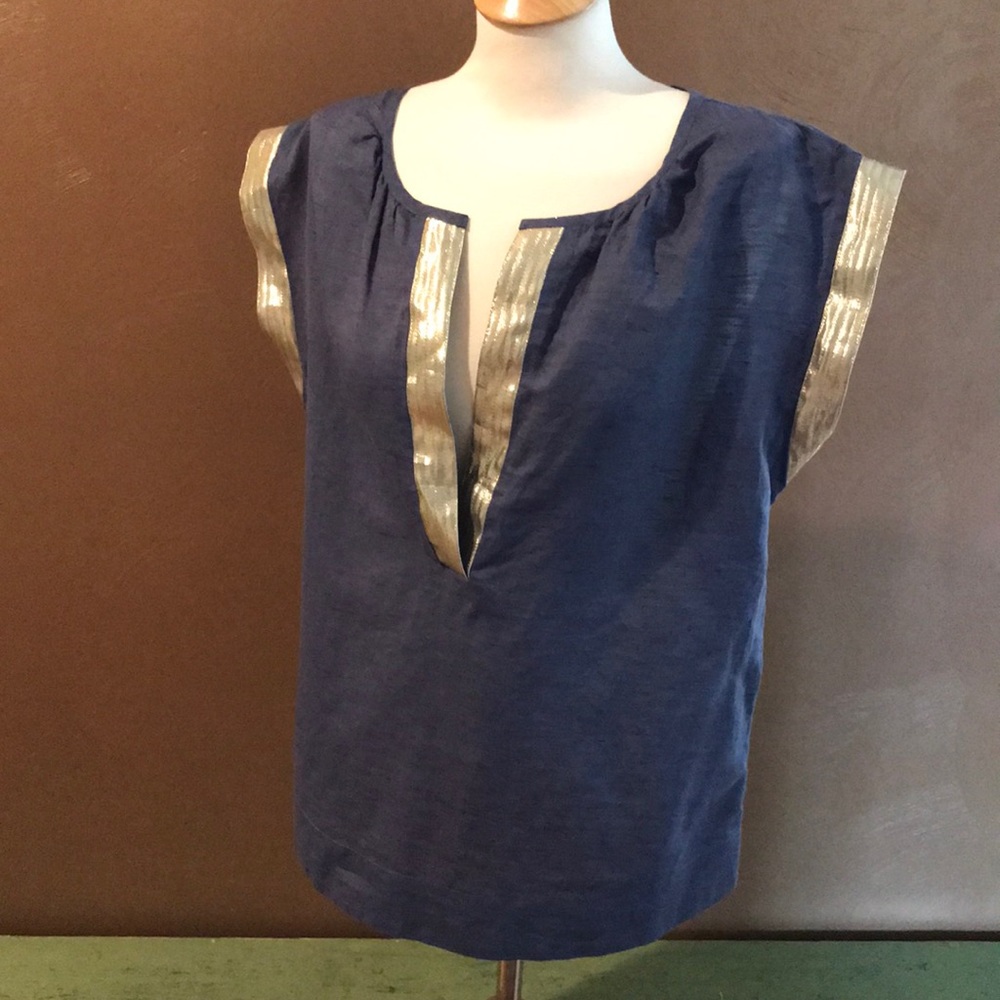 J. Crew Navy Blue Metallic Trim Cap Sleeve Top